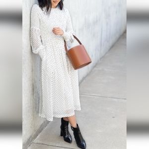 GANNI Rometti Smocked Georgette Polka Dot Midi Dress in Egret White 40 US 8